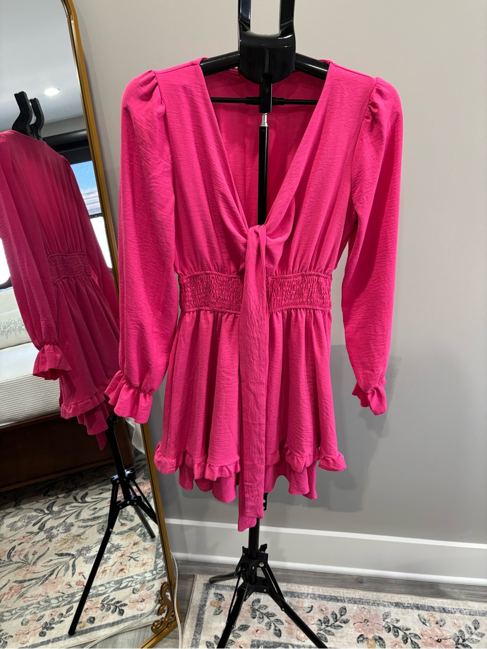 Bright Pink Tie-Front Ruffled Mini Dress